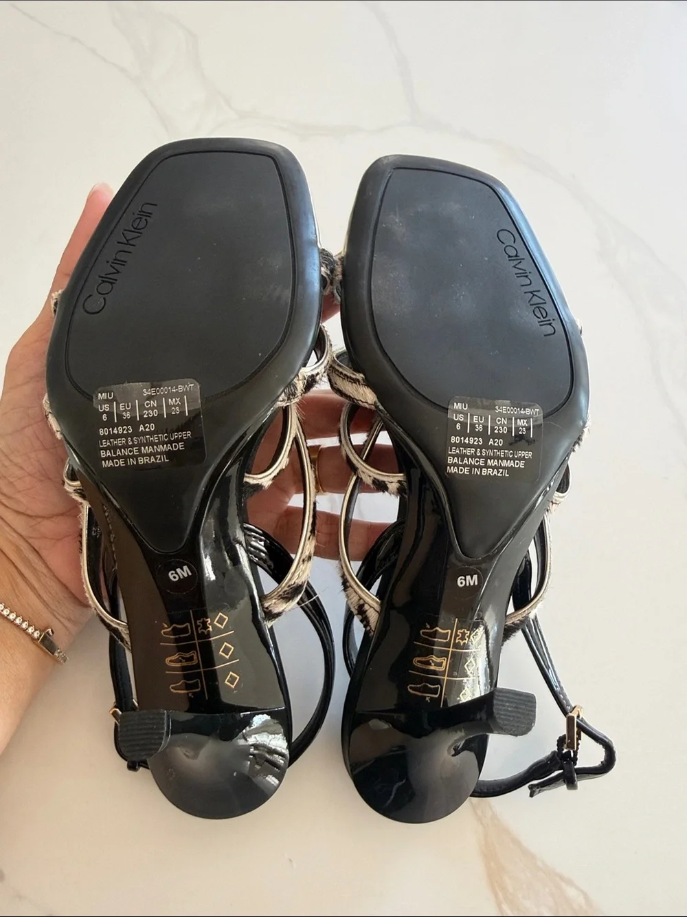 Calvin Klein Black & White Zebra Strap Heels with Gold Toe Cap